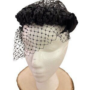 1940s Black Veiled Tilt Hat Velvet Bow Old Hollywood Cocktail Netted